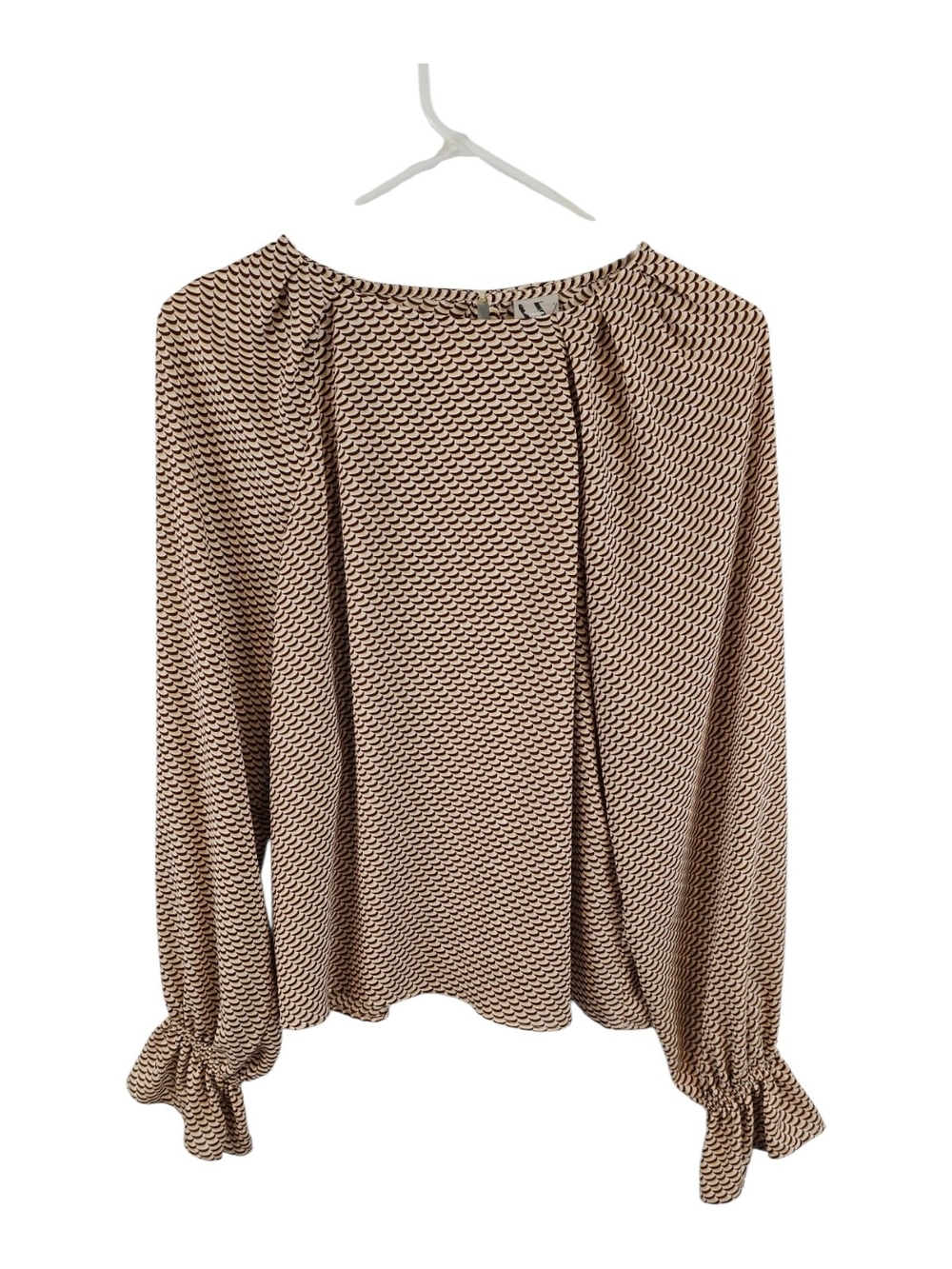 Worthington Size S Brown Beige Wave-Print Geometric Long Sleeve Blouse